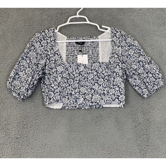 O.P.T Women's Large Gray Floral Puff Sleeve Cropped Blouse Spring Fashion Top - Picture 1 of 8
